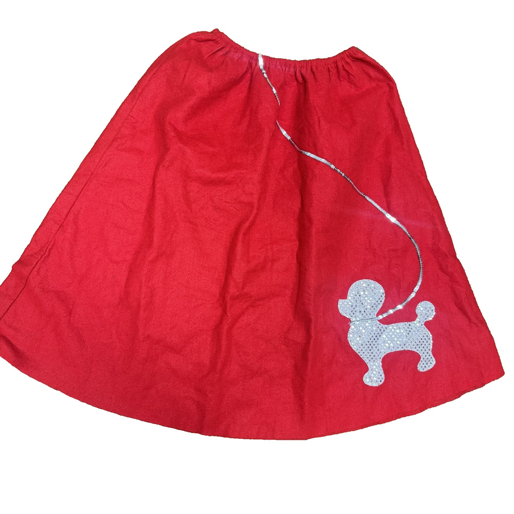 Poodle Skirt Red Felt Hand Made Elastic waist silver glitter dog w/ leash sz S/M